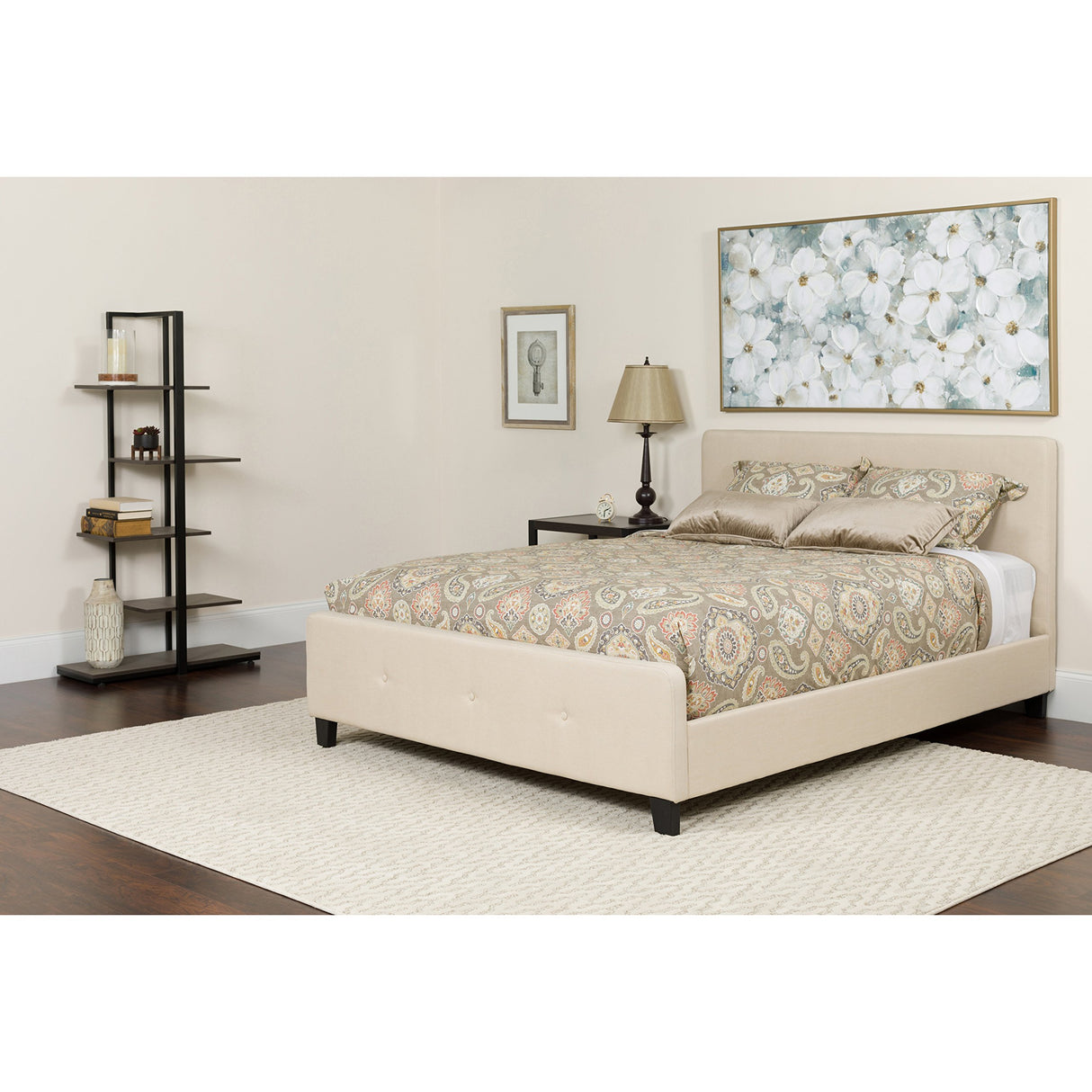 Tribeca King Size Tufted Upholstered Platform Bed in Beige Fabric