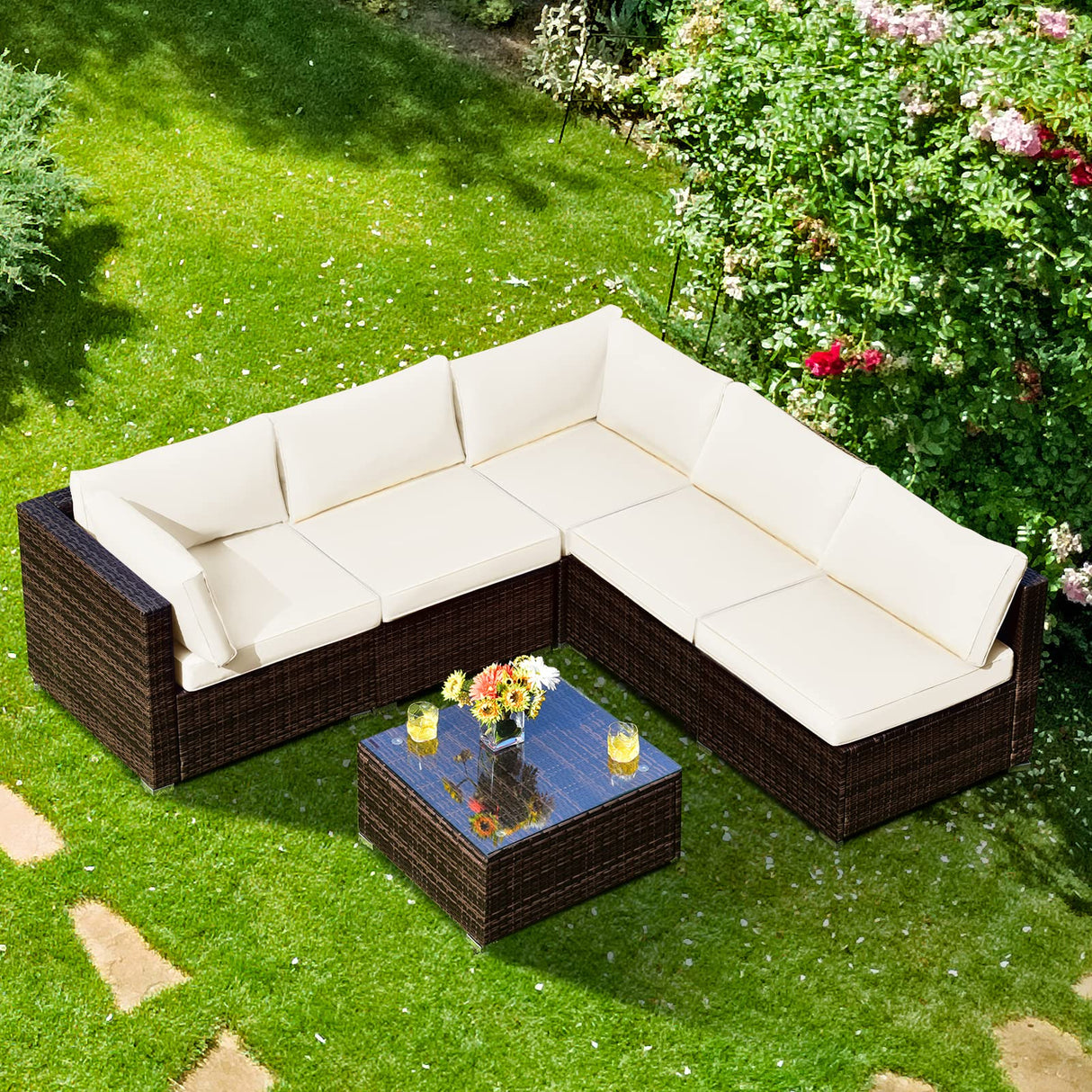 6-Piece Outdoor Wicker Patio Furniture Conversation Set with Glass Coffee Table