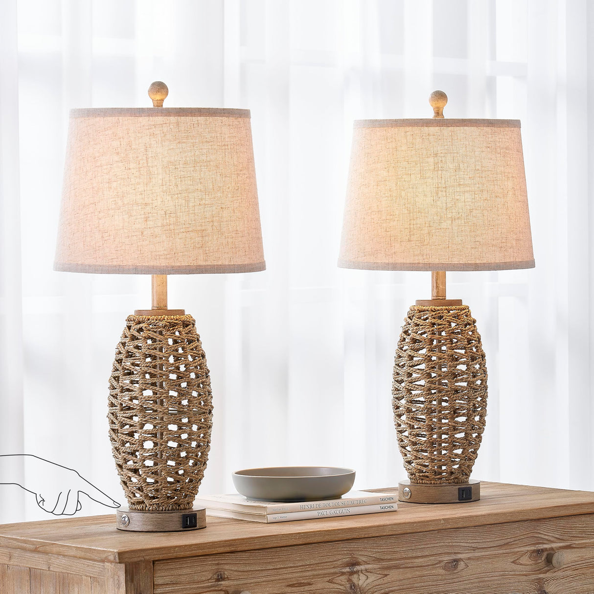 27” Natural Rattan Table Lamps Set of 2,Touch Switch,3-Way Dimmable Bedside Lamps