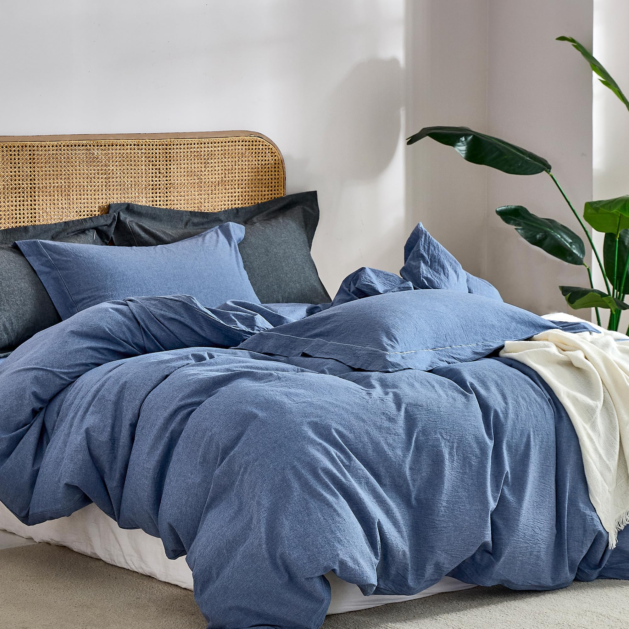 100% Washed Cotton 3 Pieces Blue Duvet Cover Queen Size - Linen Like Textured Breathable Comforter Cover with Pillow Shams (Blue, 90"x90")
