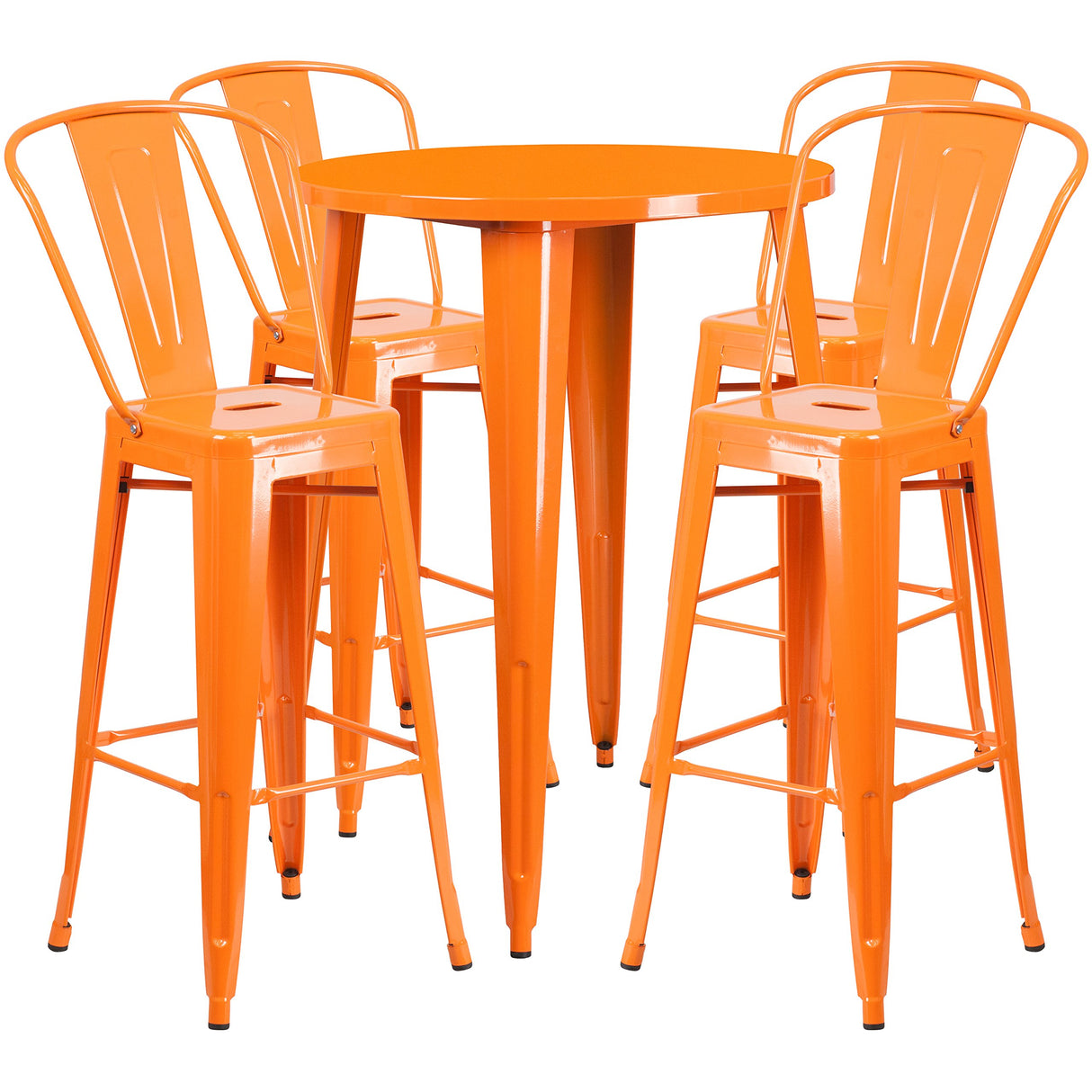 30" Round Orange Metal Indoor-Outdoor Bar Table Set with 4 Cafe Stools