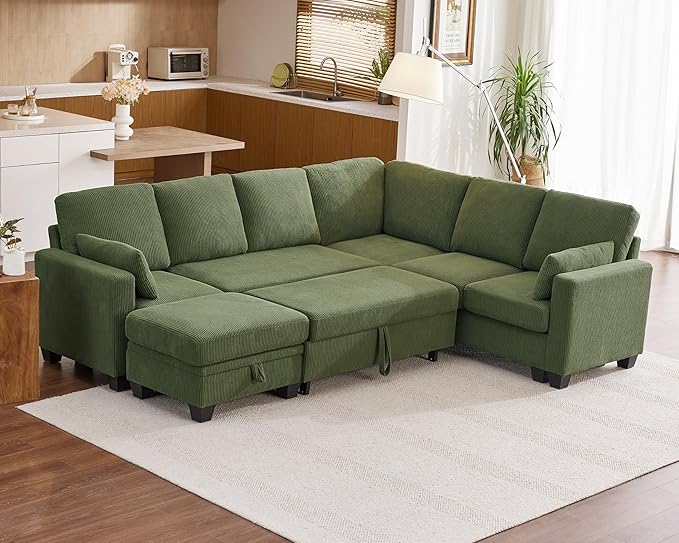 Modular Sofa with Pull Out Bed, Corduroy Sectional Convertible U-Shaped Sleeper