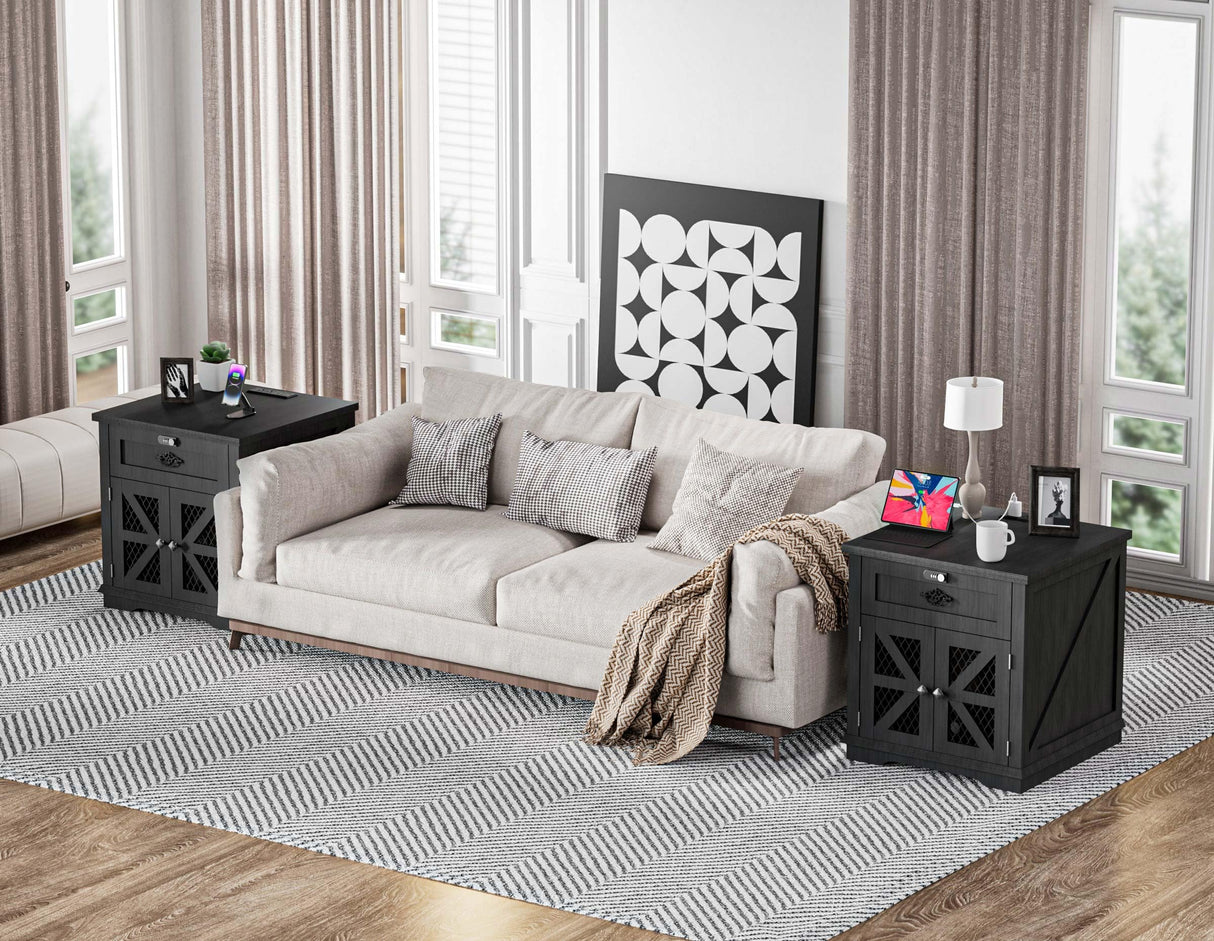 Farmhouse Nightstand End Table with Charging Station, 24" Side Table