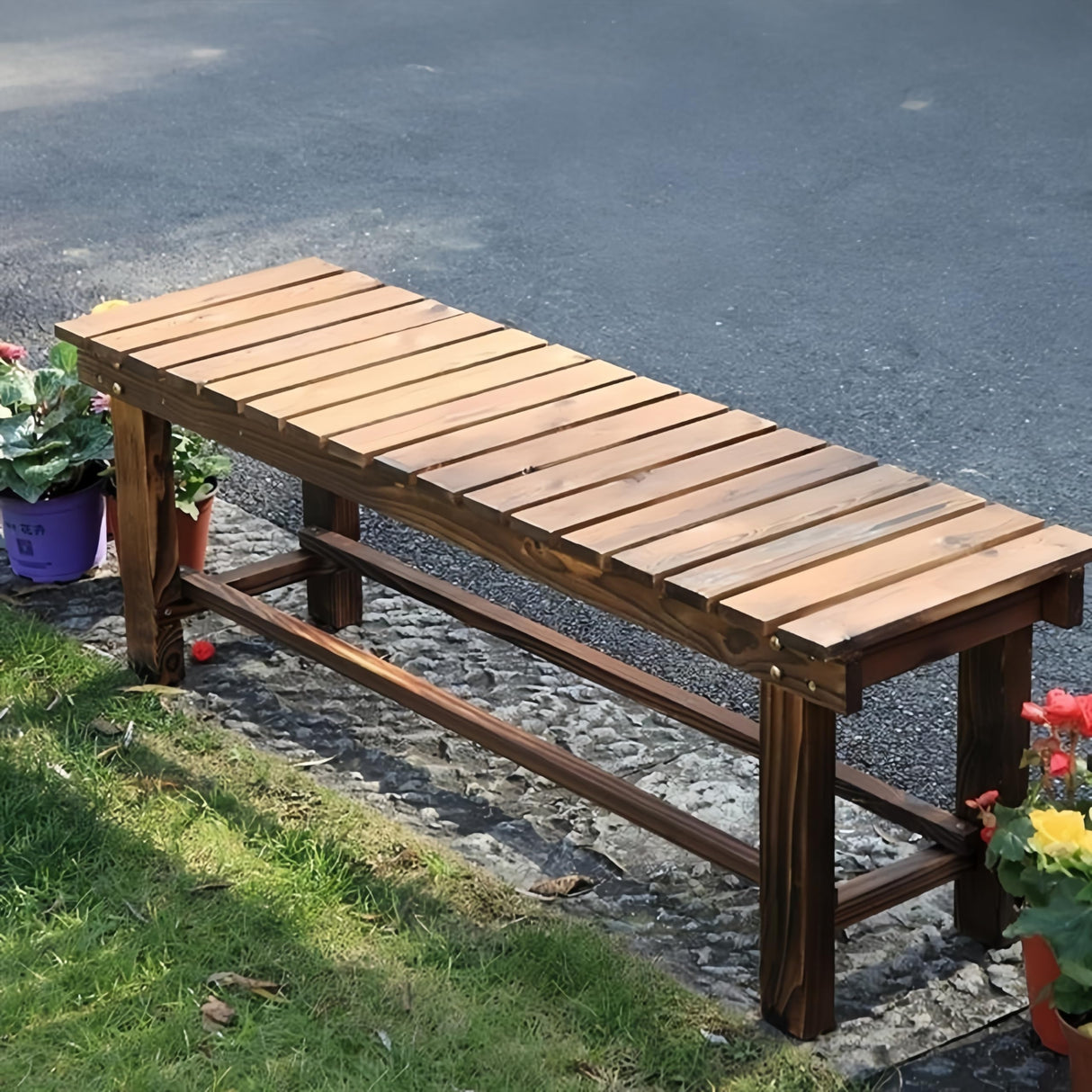 Outdoor Bench, 2 Person Outdoor Poly Lumber Patio Backless Bench, Weatherproof