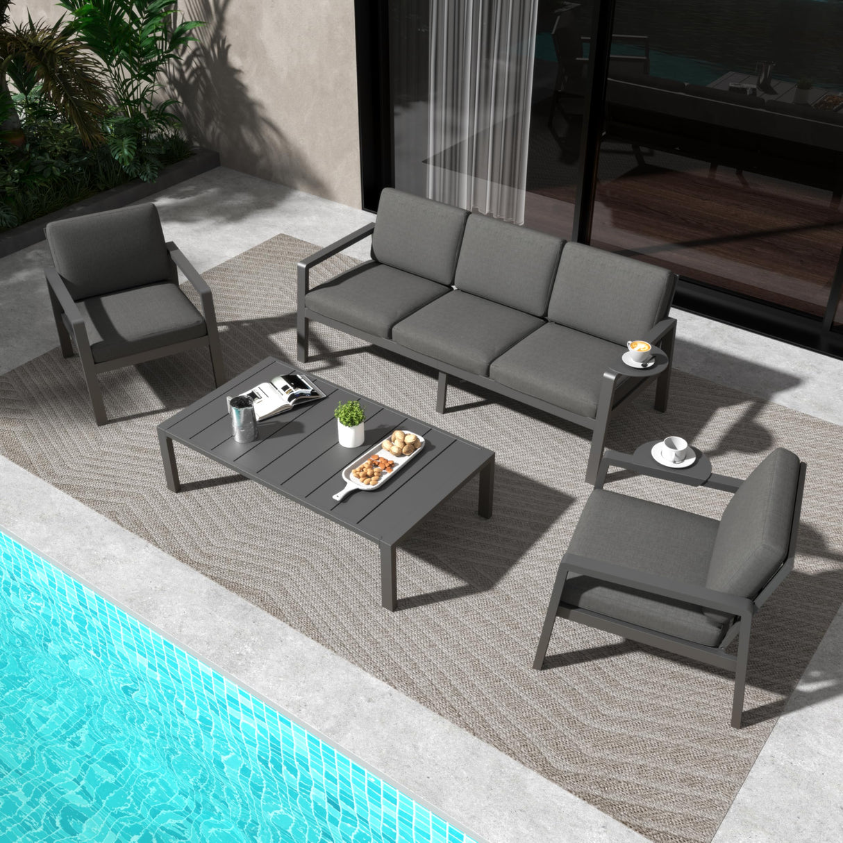 4 Piece Outdoor Patio Furniture Set, Conversation Sets, All-Weather Metal Frame Sofas