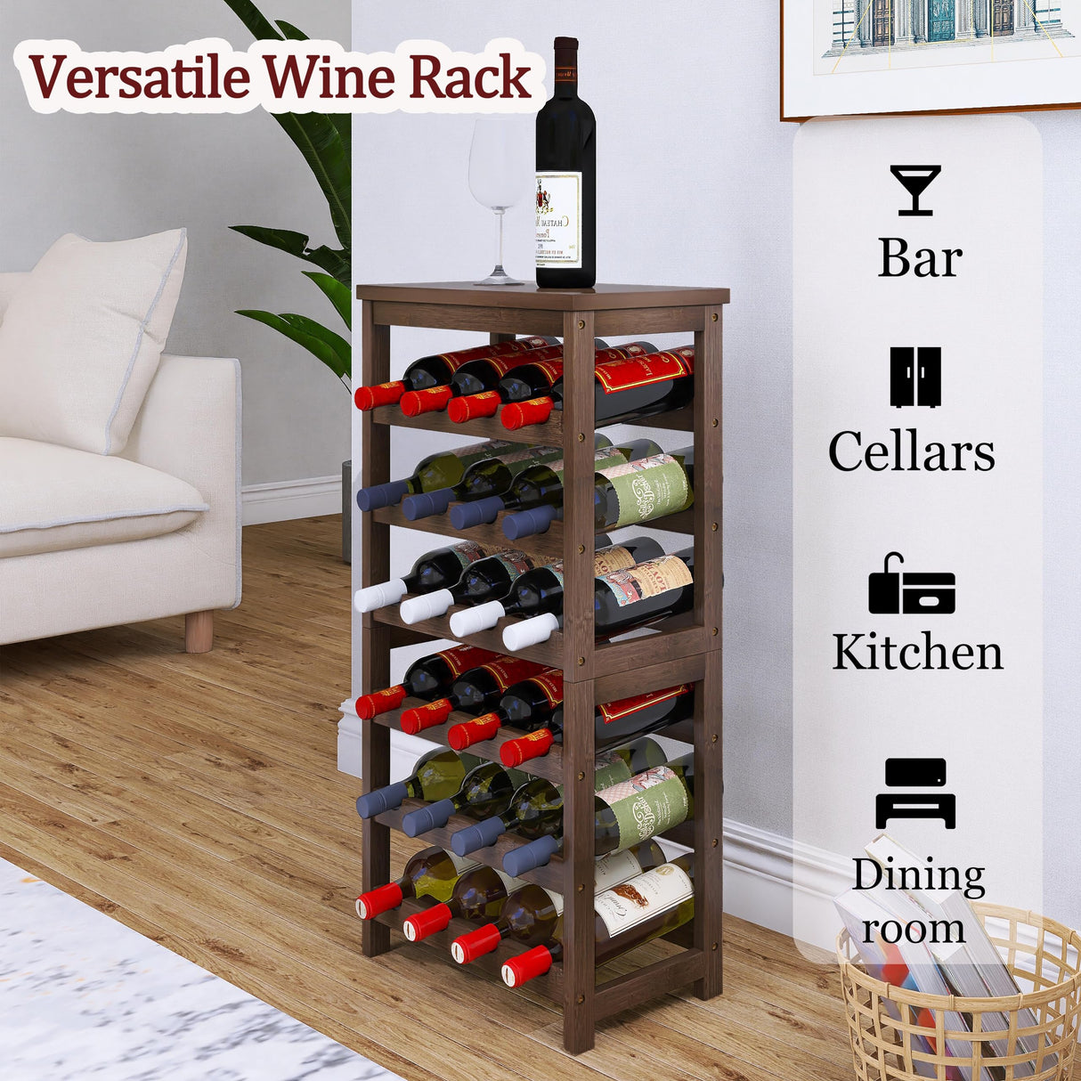 24-Bottle Wine Rack, 6 Tier Bamboo Wine Display Storage Shelves