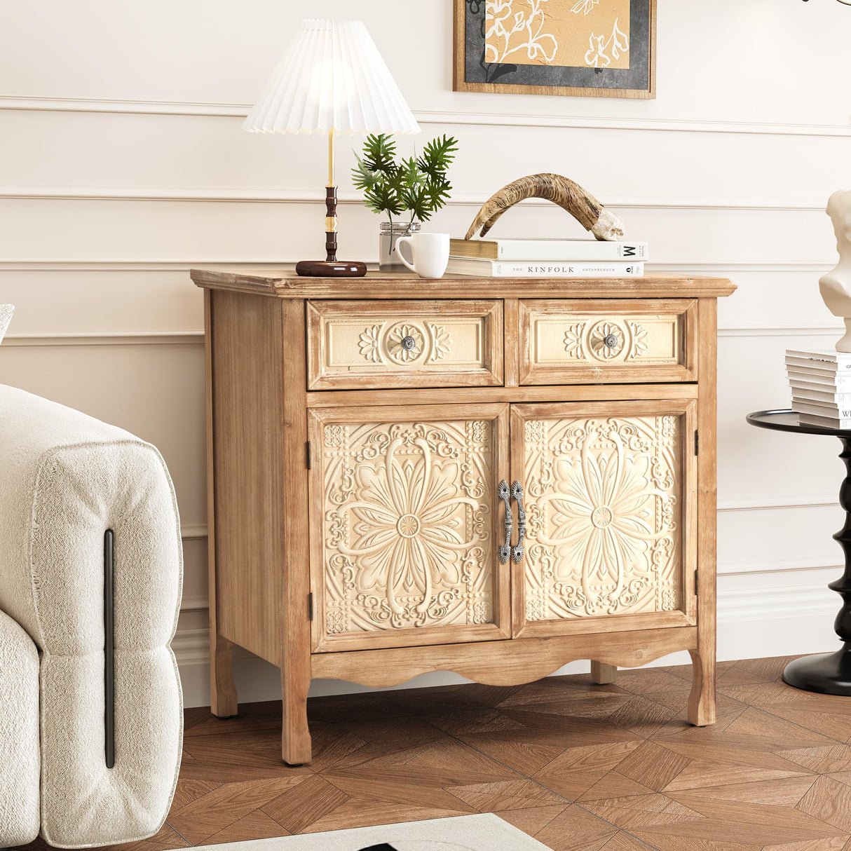 Rustic Wood Sideboard Cabinet with 2 Drawers & Carved Doors - Storage Console