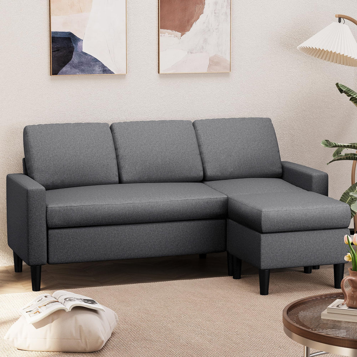 Small Convertible Sectional Sofa Couch with Ottoman, 3 Seat L Shaped Sofa