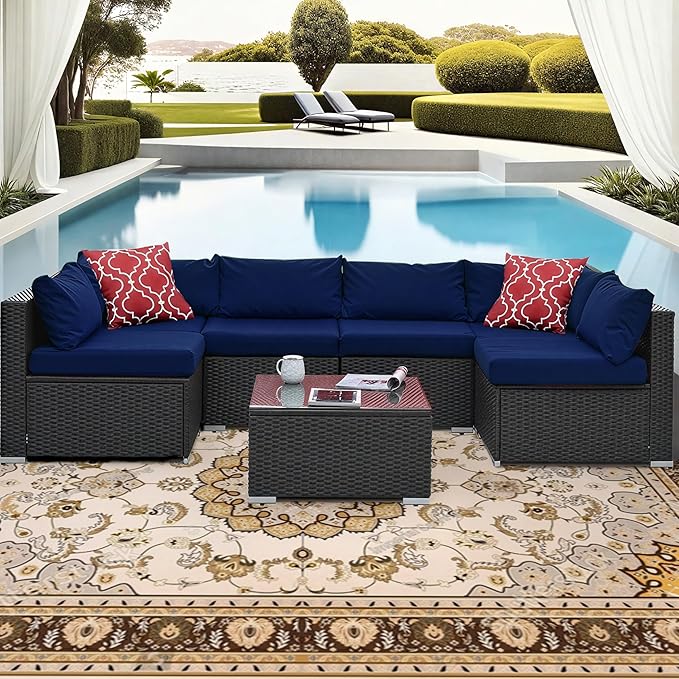 7 Piece Patio Furniture Set, All Weather Outdoor Rattan Wicker