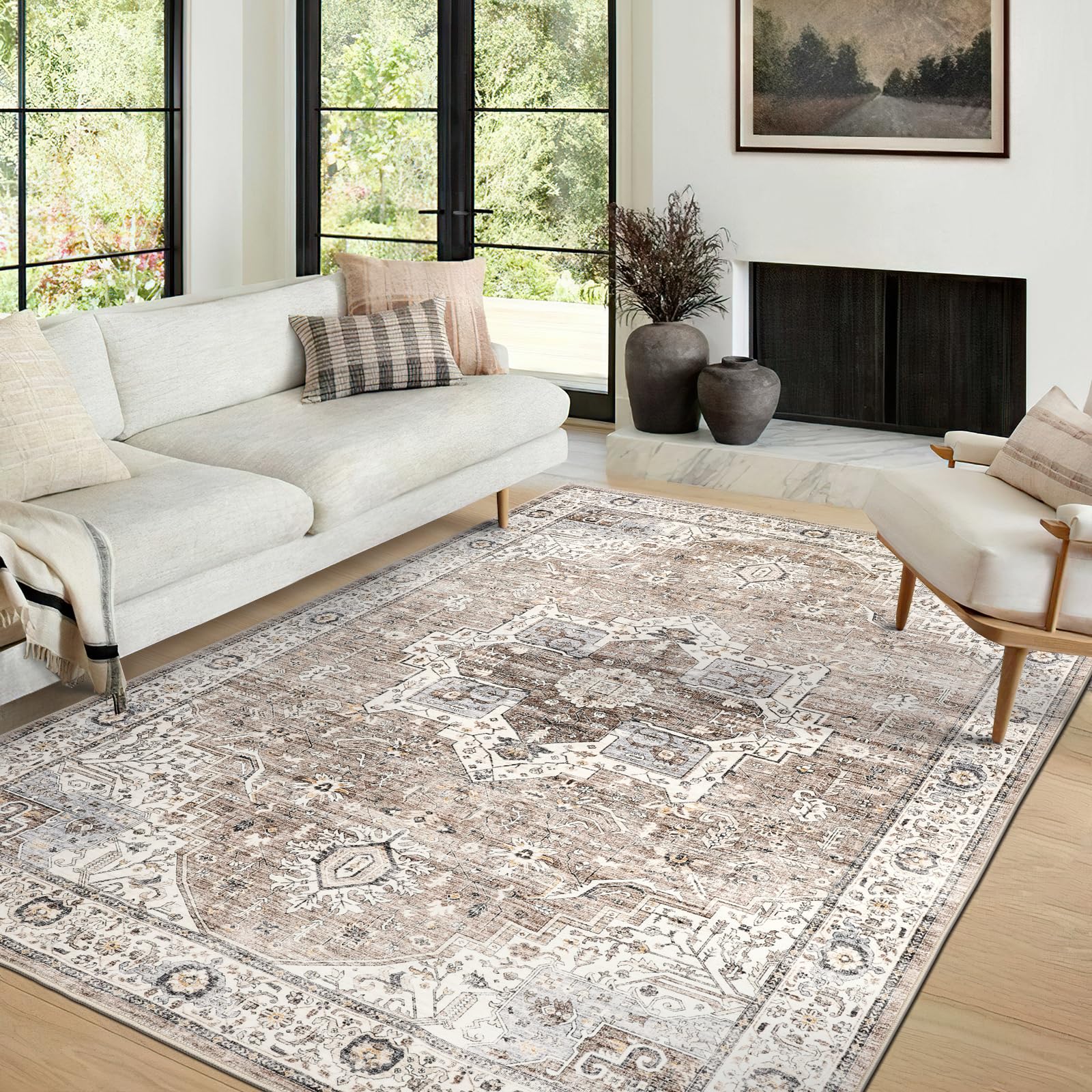 zesthome Area Rugs 8x10 Rugs for Living Room,Non-Slip Backing Washable Rugs,Vintage Printed Large Area Rug,Ultra-Thin Stain Resistant Rug (Brown,8'x10')