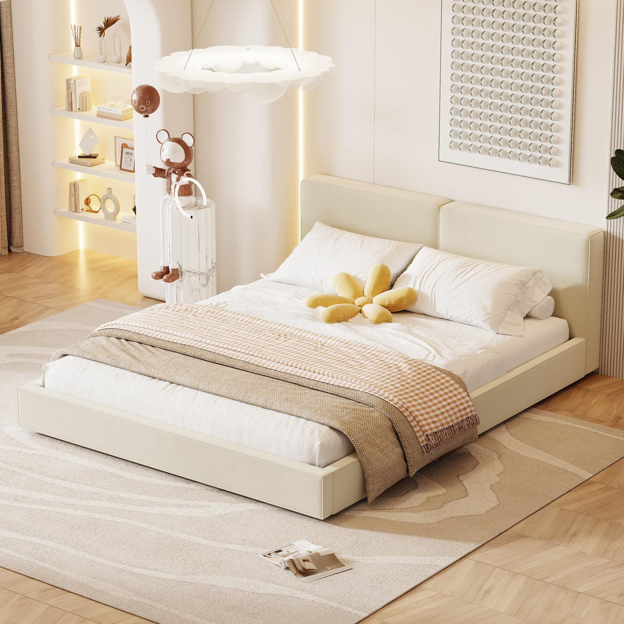 Upholstered Grounded Bed Platform Bed with Velvet Fabric