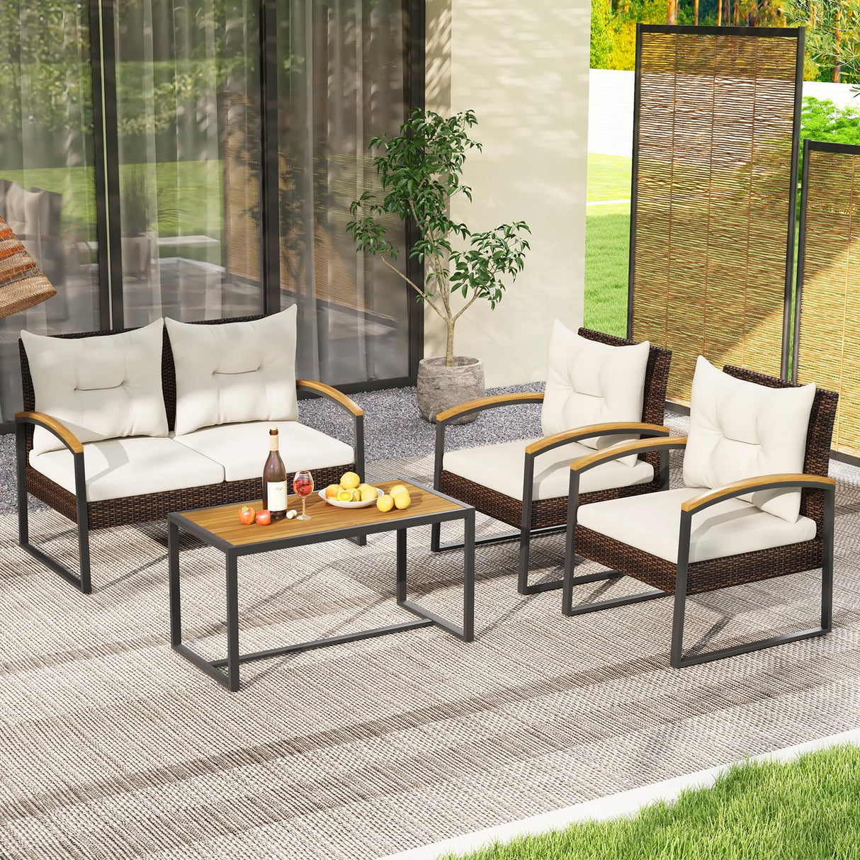 Tangkula 4 Piece Patio Conversation Set, with Heavy Duty Solid Acacia Wood Armrests