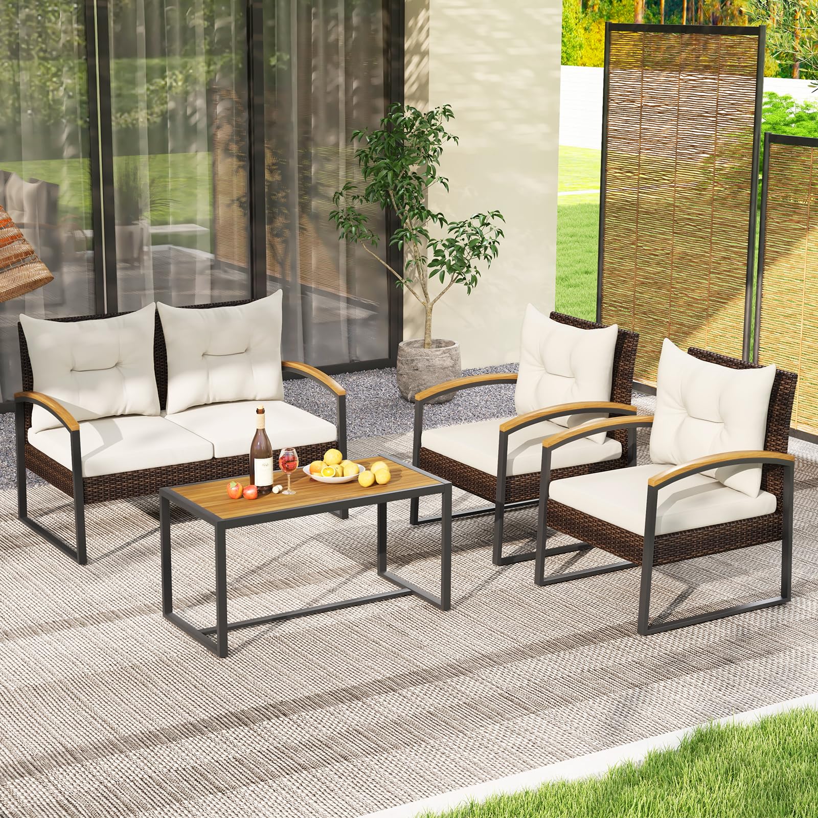 Tangkula 4 Piece Patio Conversation Set, with Heavy Duty Solid Acacia Wood Armrests