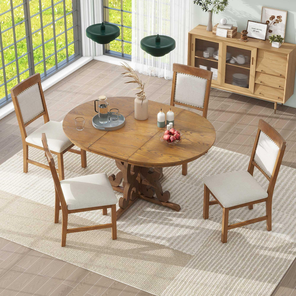 Round Solid Wood Dining Table Set for 4 - 5-Piece Farmhouse Kitchen Set