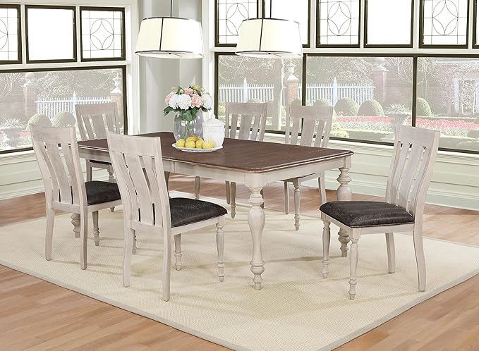 Dining Set with a Kitchen Table and 6 Wood Seat Kitchen Chairs in Linen White, Modern