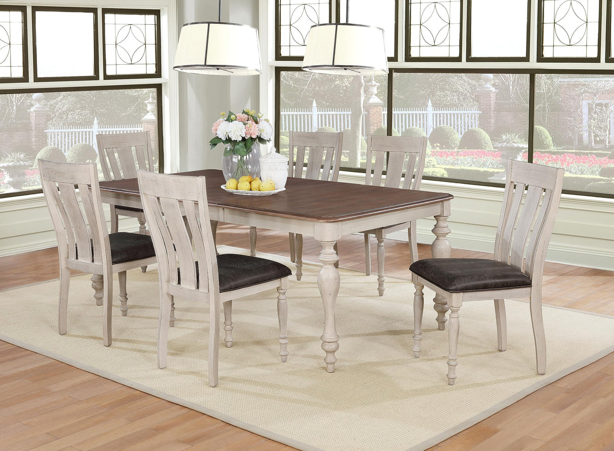 Arch Solid Wood Dining Set: Table with Extension Leaf, Six Chairs, Distressed White and Dark