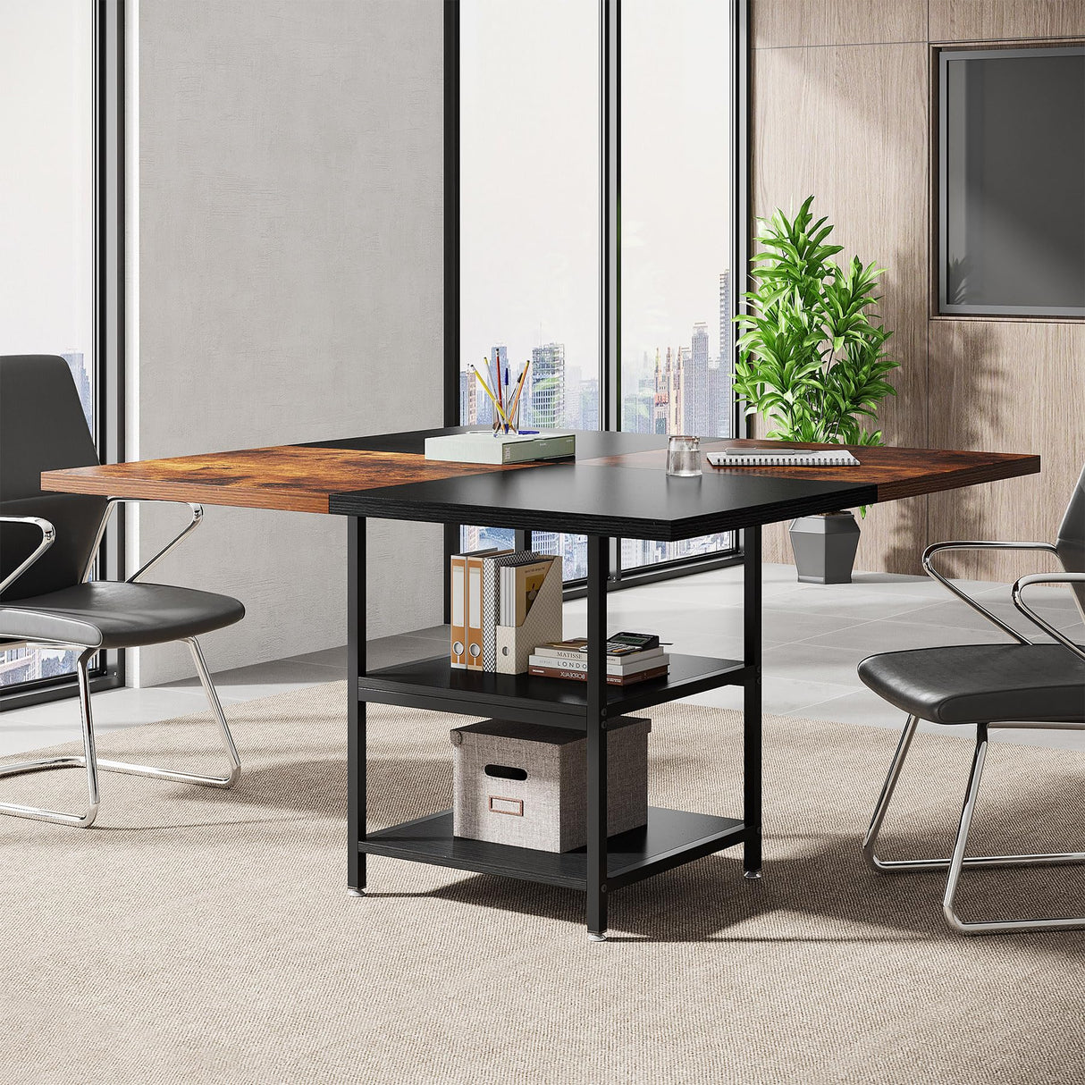 47-Inch Square Conference Table for 4-6 People, Wood Meeting Room Table