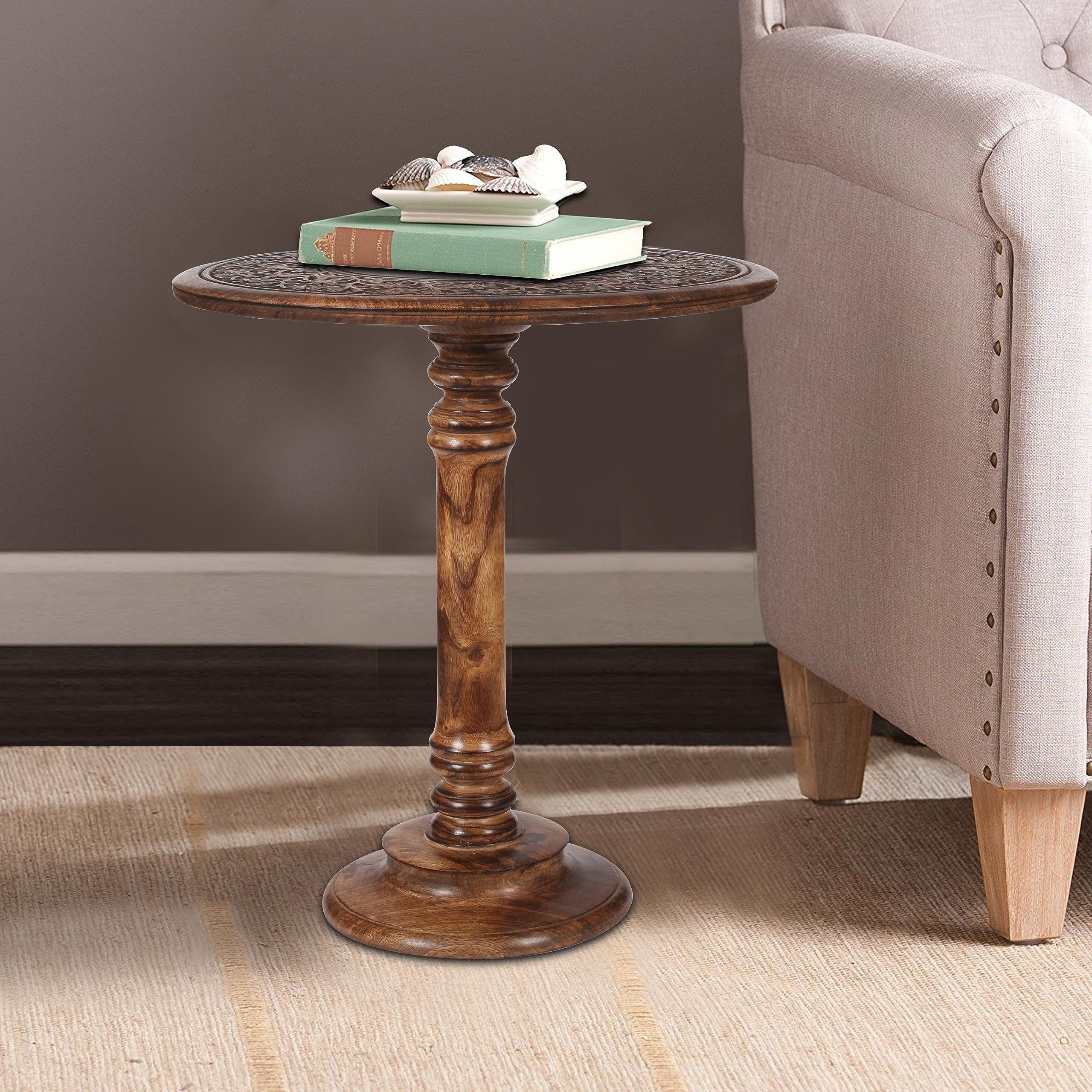 Hand-Carved Wooden Pillar Table - Small Side End Table, Elegant Entry & Living Room
