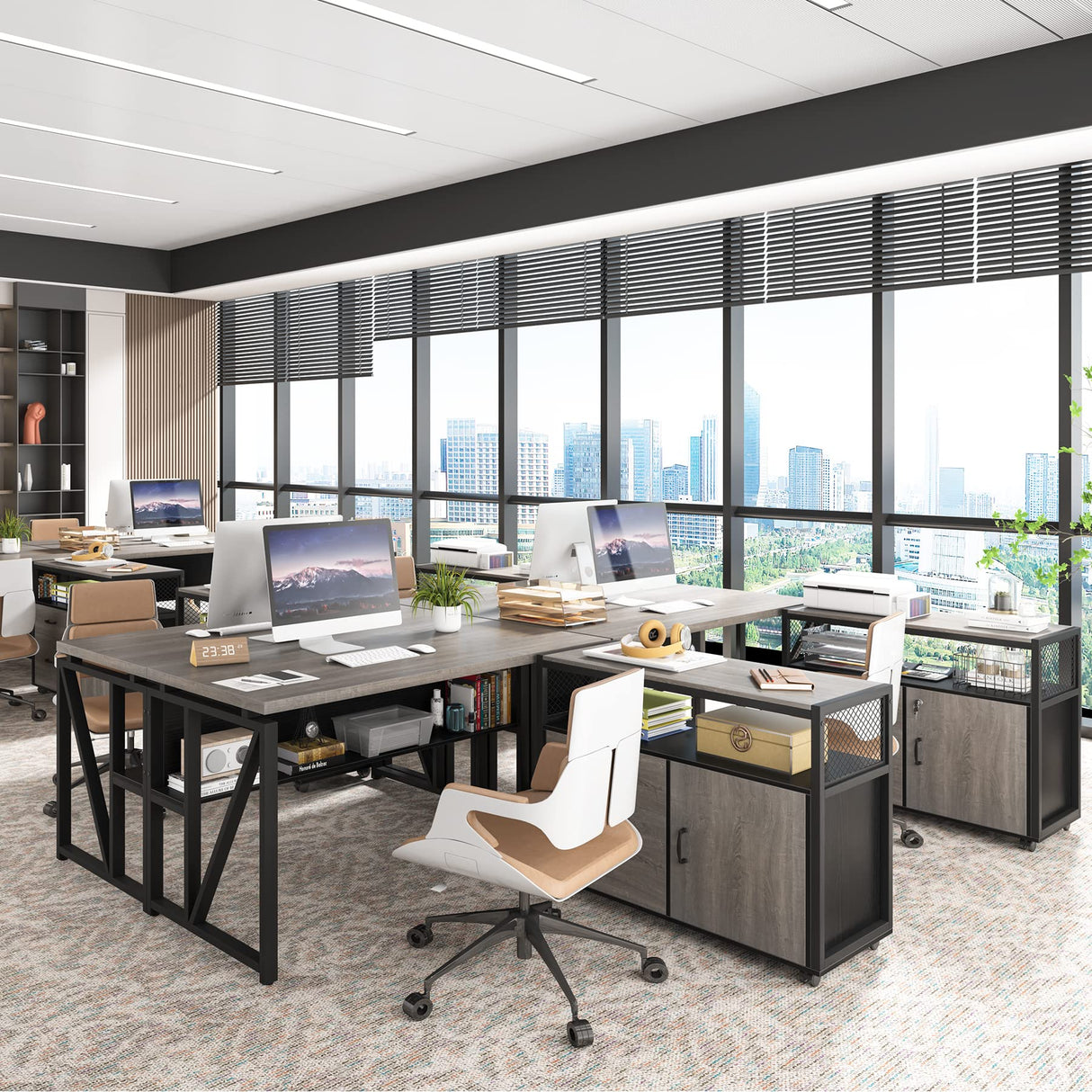 55-Inch L Shaped Office Desk with Drawers & Storage Shelves