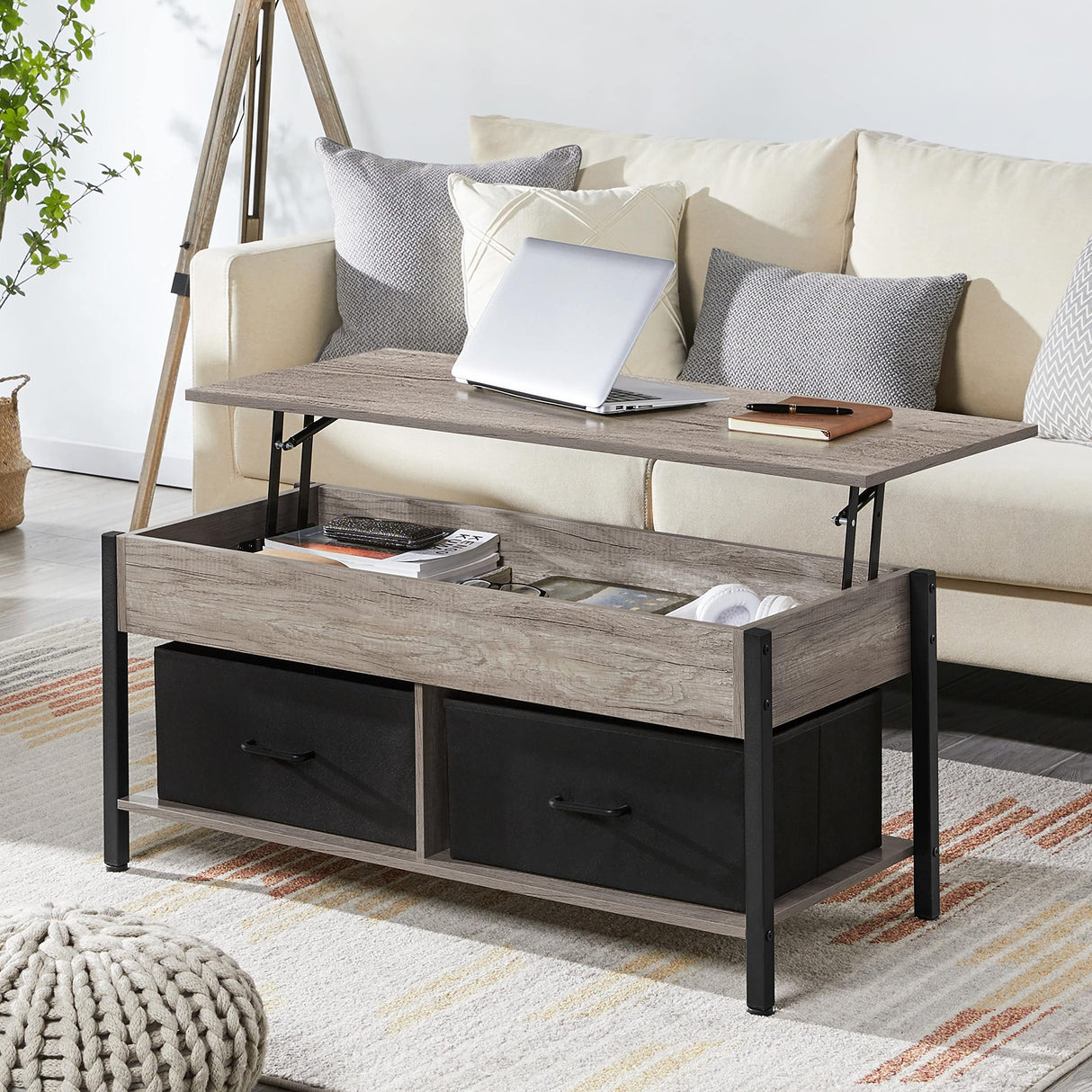 Lift-top Coffee Table with 2 Fabric Baskets & Hidden Storage Compartment