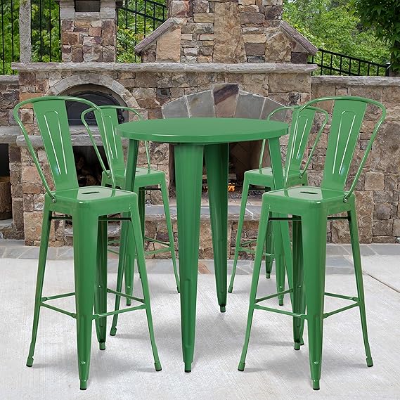 30" Round Orange Metal Indoor-Outdoor Bar Table Set with 4 Cafe Stools