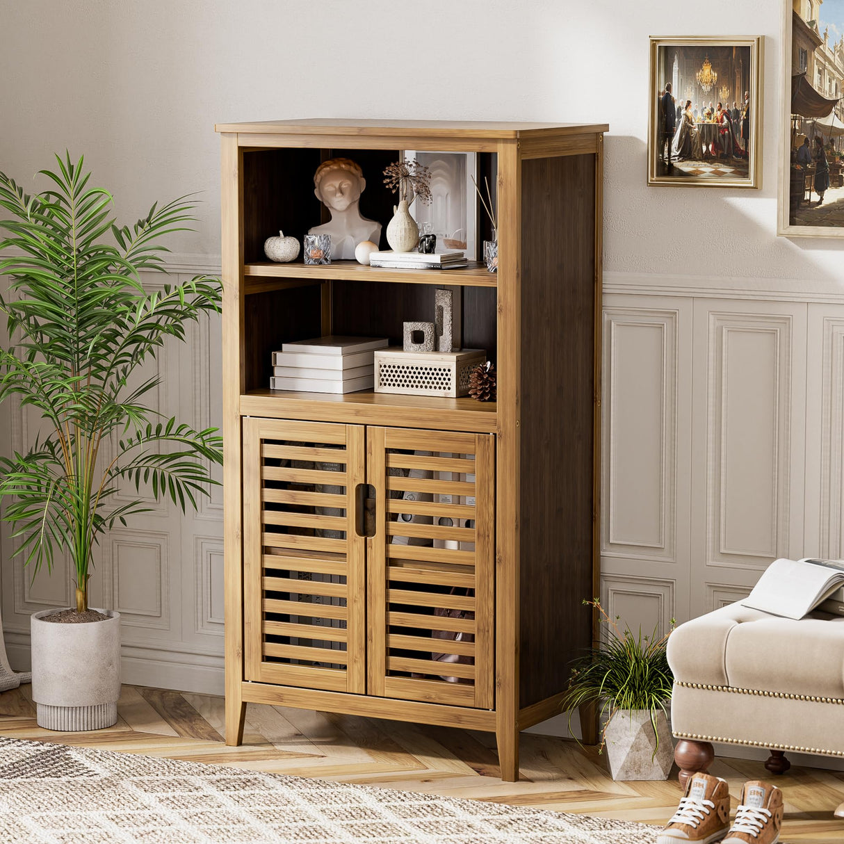 Walnut Bathroom Floor Cabinet, Bamboo Side Tall Storage Organizer