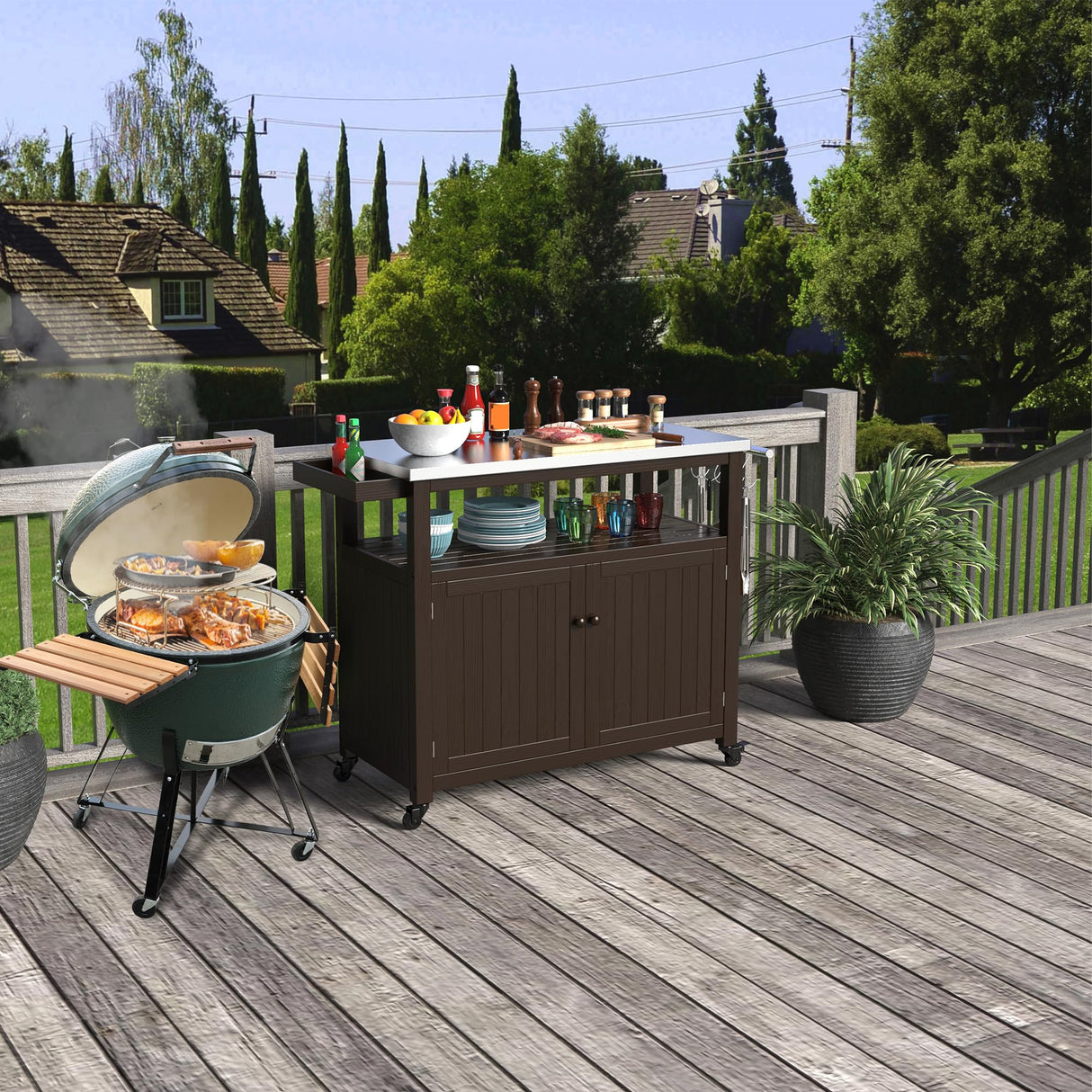 Outdoor Storage Cabinet Solid Wood Prep Grill Table with Stainless Steel Top Waterproof