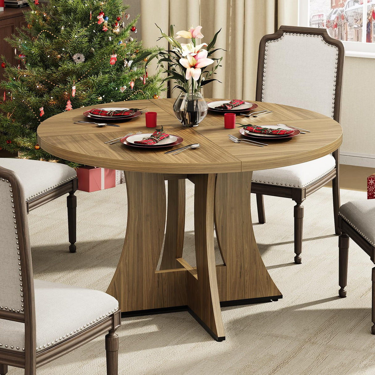 47.2 inch Round Dining Table for 4-6 People, Wood Kitchen Table for Dining Room