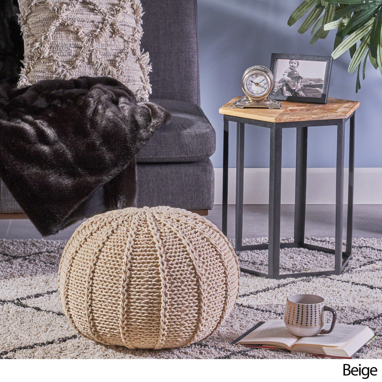 Agatha Knitted Cotton Pouf, Beige Small