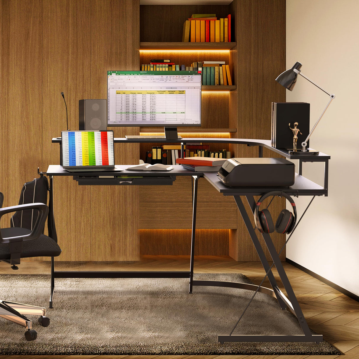 L Shaped Gaming Desk with Full Around Monitor Stand and Drawer, Black