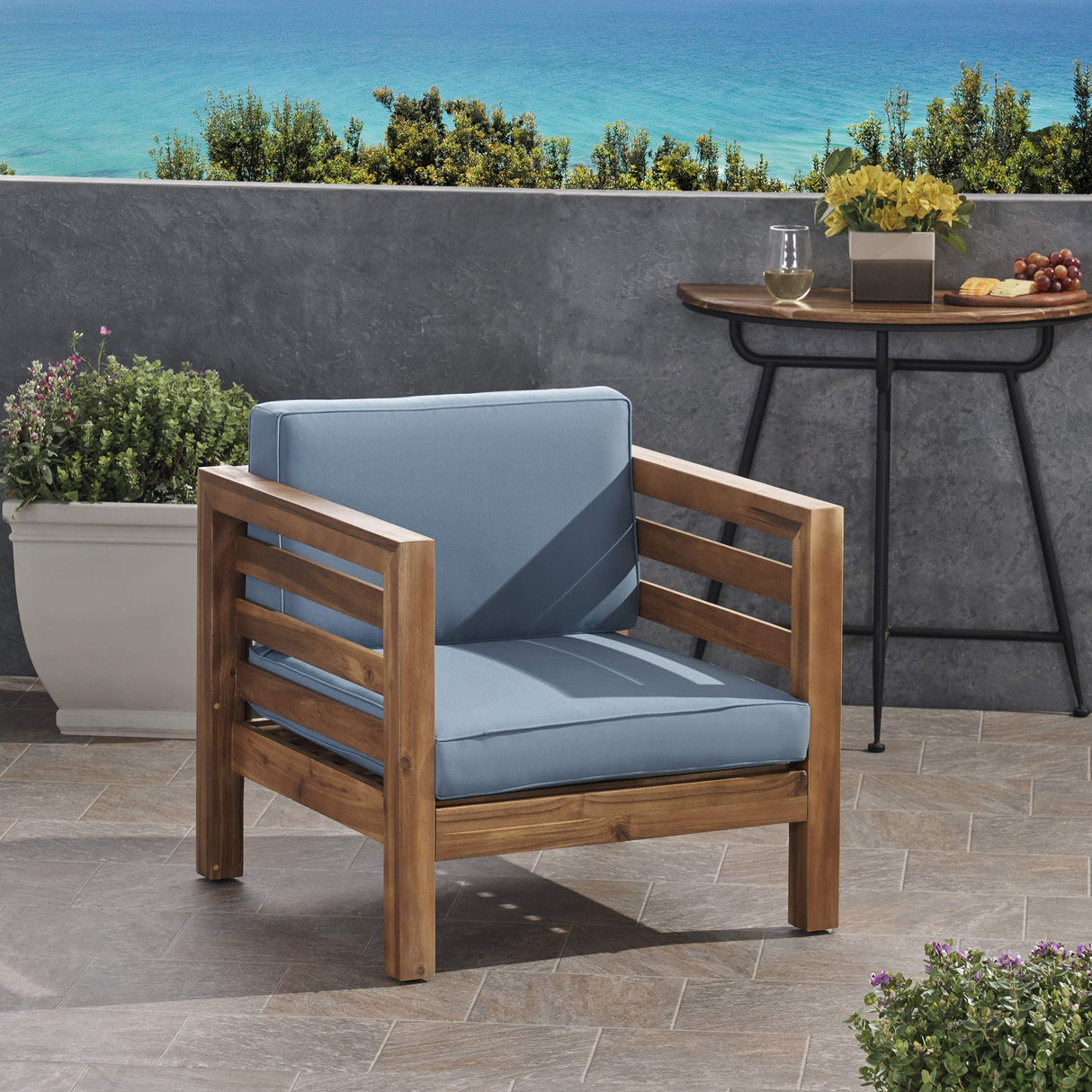 308364 Patio Dining Chairs, Teak Finish + Blue