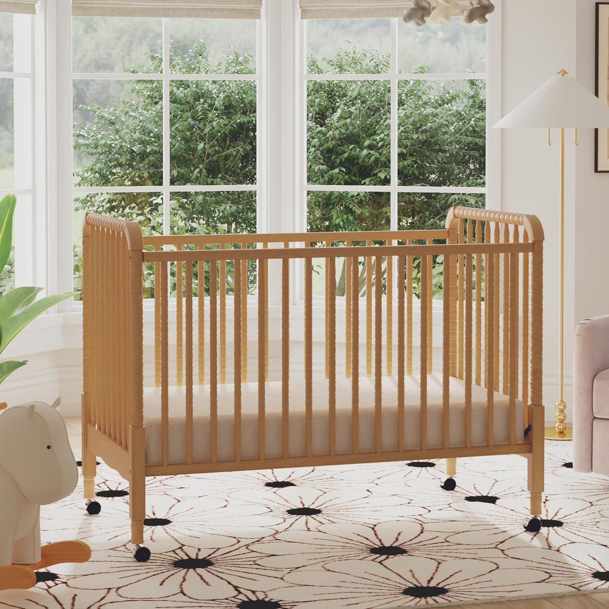 Jenny Lind 3-in-1 Convertible Crib in Honey, Removeable Wheels, Greenguard Gold