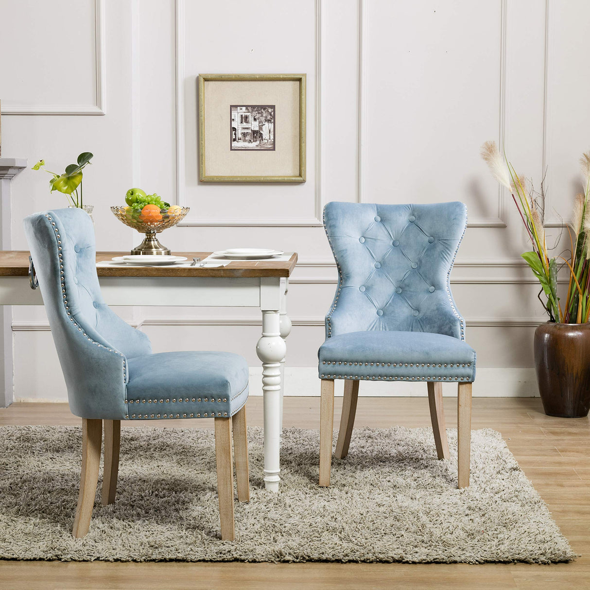 Blue Velvet Upholstered Dining Chairs with Nailhead Trim - Set of 2