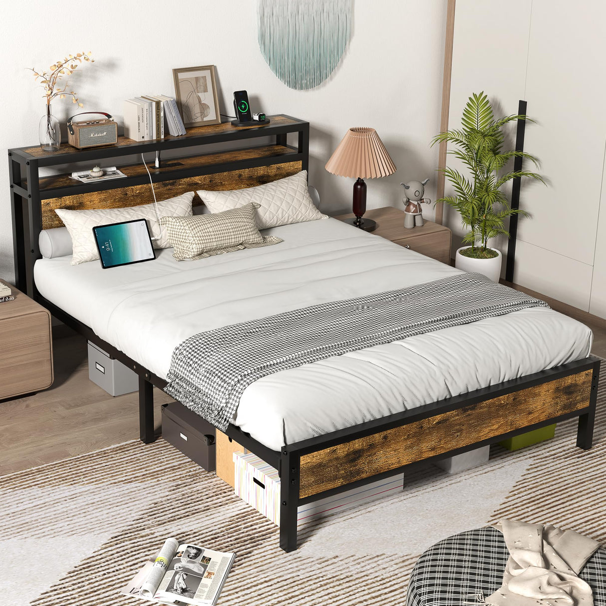 Full Bed Frame with Charging Station Headboard, Platform Bed