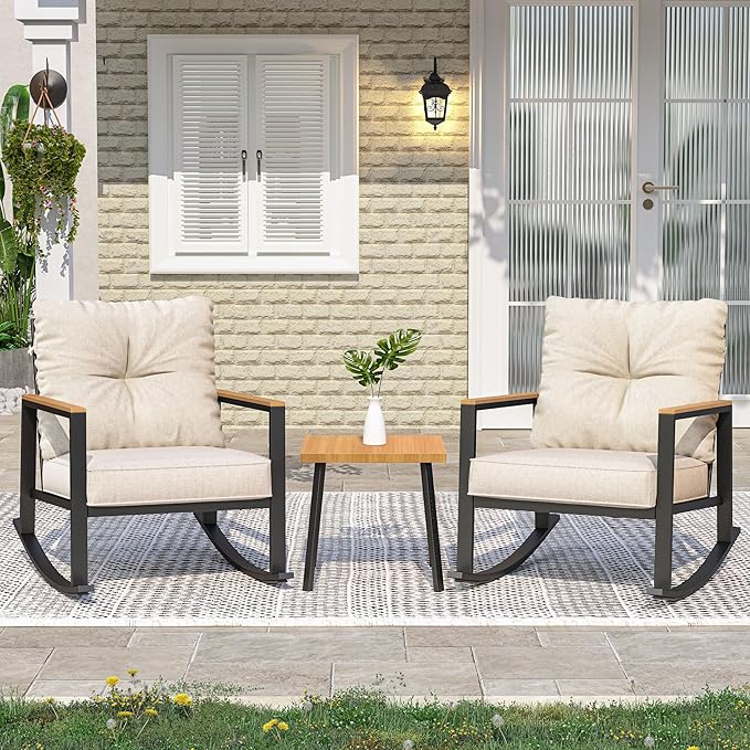 3 Pieces Rocking Bistro Set, Outdoor Patio Furniture Set with Thick Cushions and Coffee
