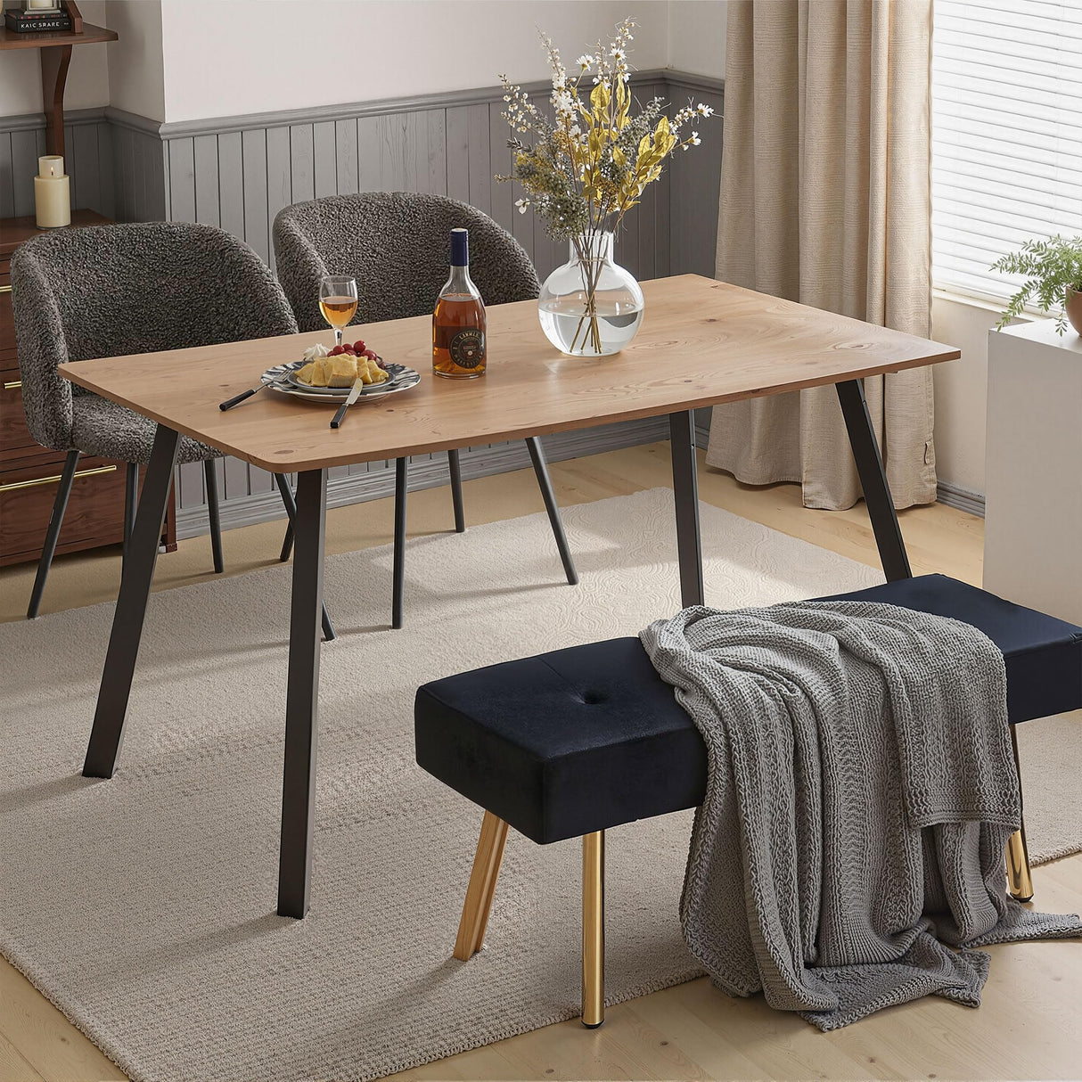 49" Rectangular Dining Table for 4-6 People - Modern Faux Oak Wood Grain with Black Metal Legs