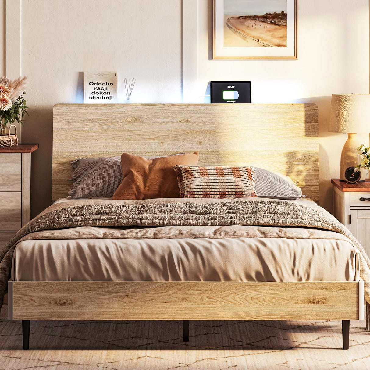 Queen Wood Bed Frame with Ergonomic Headboard