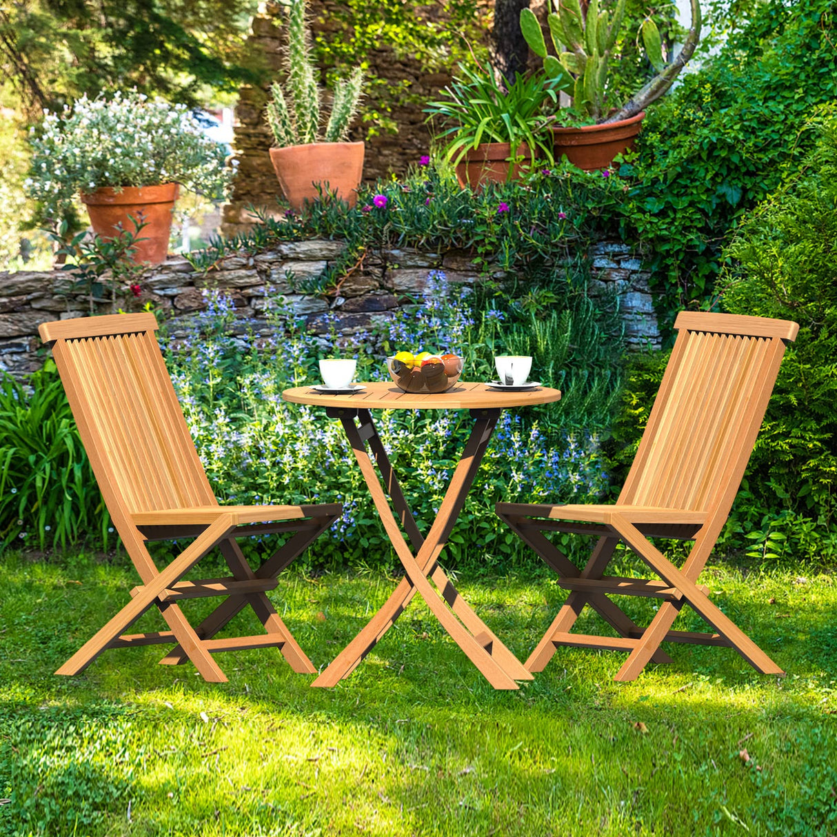 3-Piece Patio Bistro Set, Solid Grade-A Teakwood Folding Bistro Chairs Set