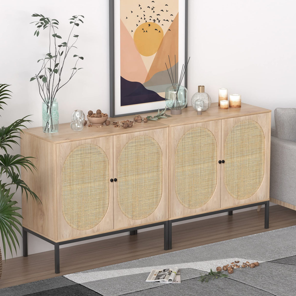 Cabinet with Natural Rattan Hand-Woven Doors, Rattan Cabinet Console Table Buffet Storage Accent Credenza, for Kitchen Living Room Hallway Entryway-2 Pieces,