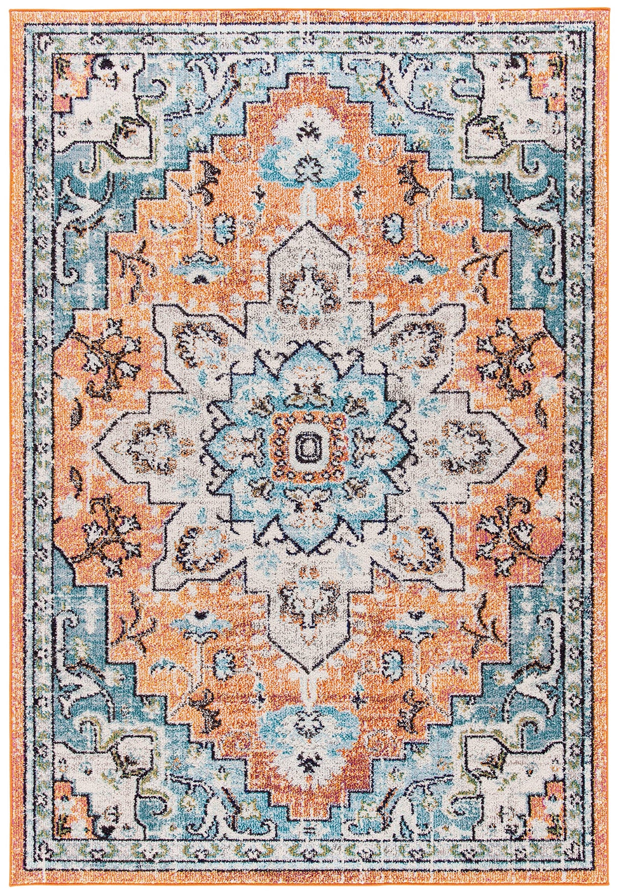 Madison Collection Area Rug - 8' x 10', Orange & Teal, Boho Chic Medallion Distressed