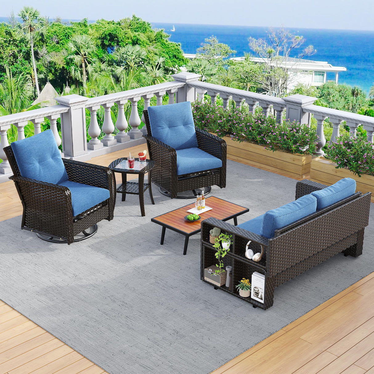 4-Seat Outdoor Furniture Patio Conversation Set, 2 Padded Rocking Chair & 2-Seat Patio