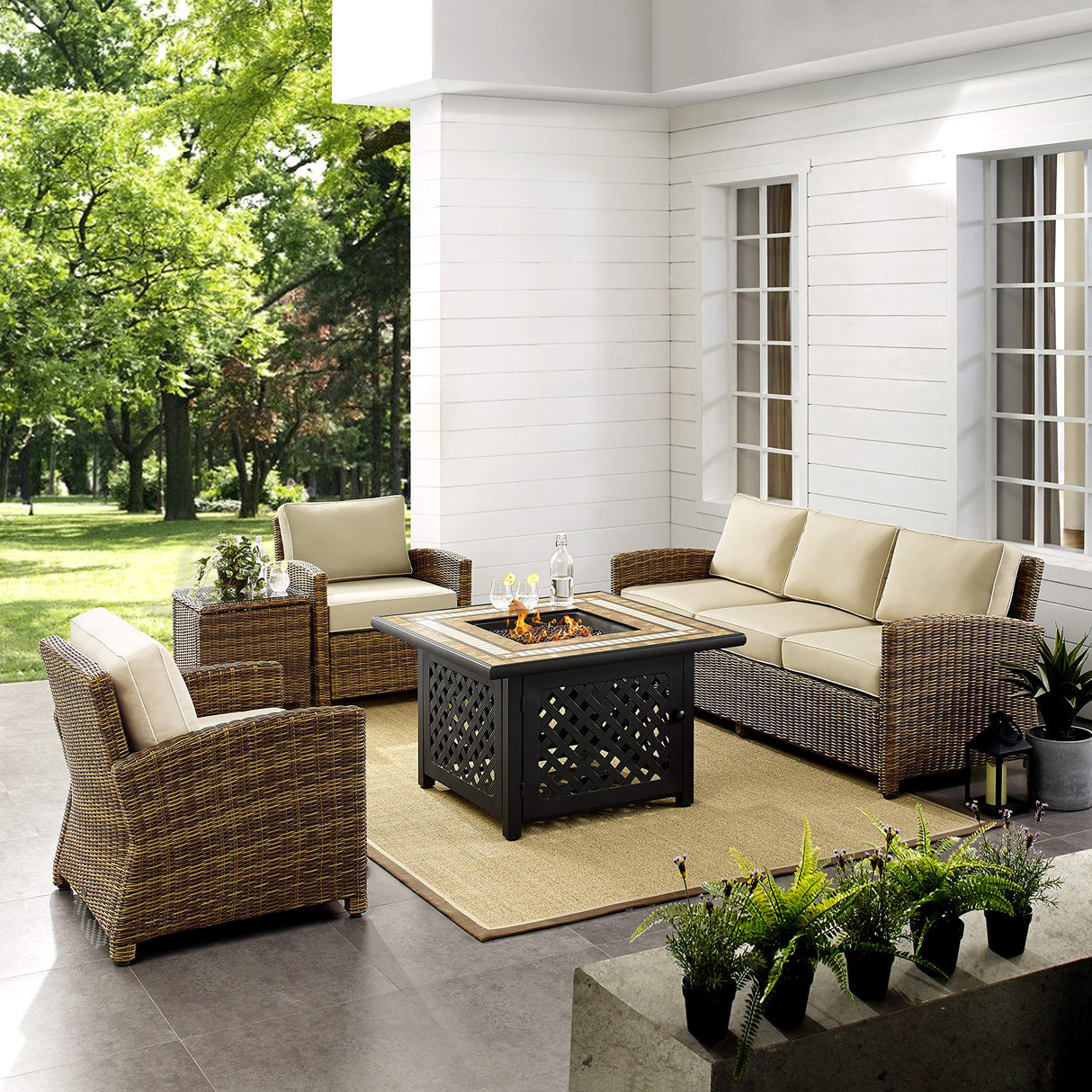 Bradenton 5-Piece Wicker Outdoor Sofa Patio Furniture Set with Propane Gas Fire Pit Table