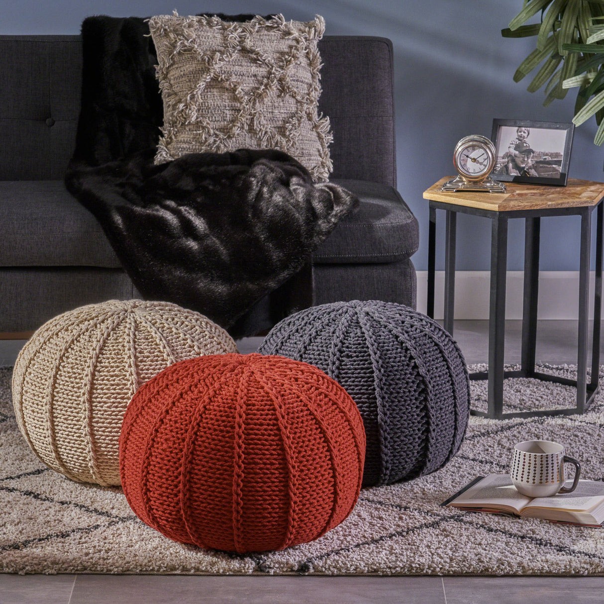 Agatha Knitted Cotton Pouf, Beige Small