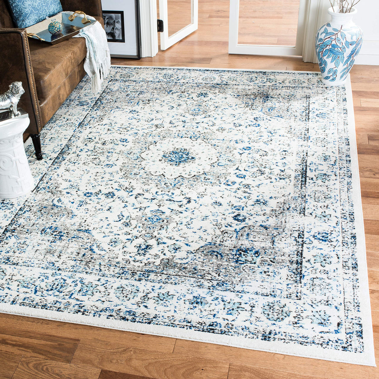 Evoke Collection Area Rug - 6'7" x 9', Ivory & Grey, Shabby Chic Oriental Medallion Design