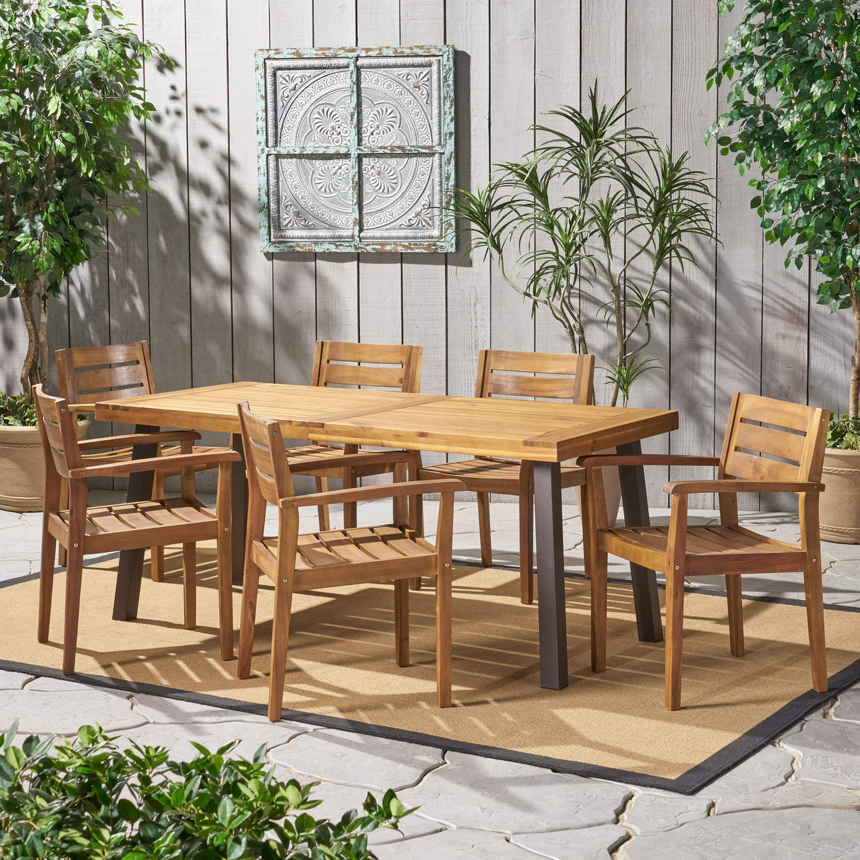 Avon Outdoor Acacia Wood Dining Set, 7-Pcs Set, Teak Finish With Rustic Metal Accents