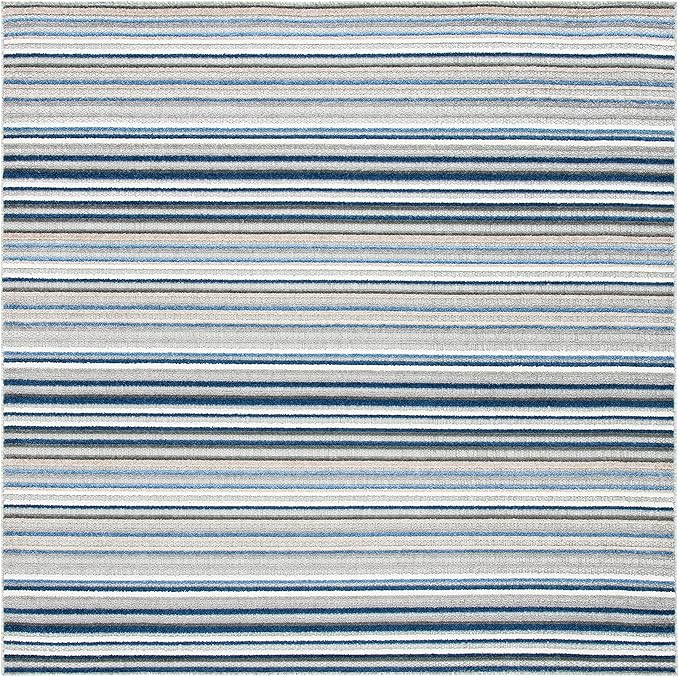 Cabana Collection Area Rug - 8' Square, Ivory & Green, Stripe Design
