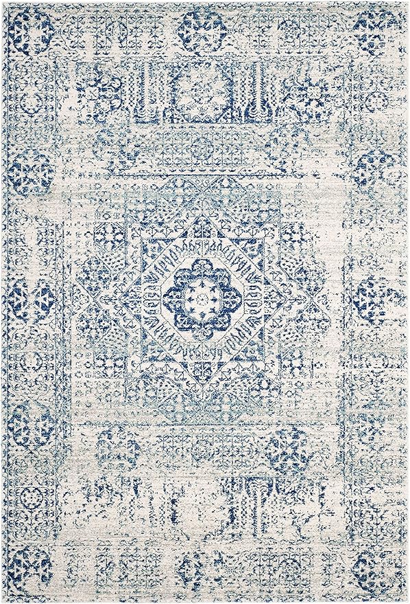 Evoke Collection 8' x 10' Ivory/Blue EVK260C Oriental Medallion Distressed Non-Shedding