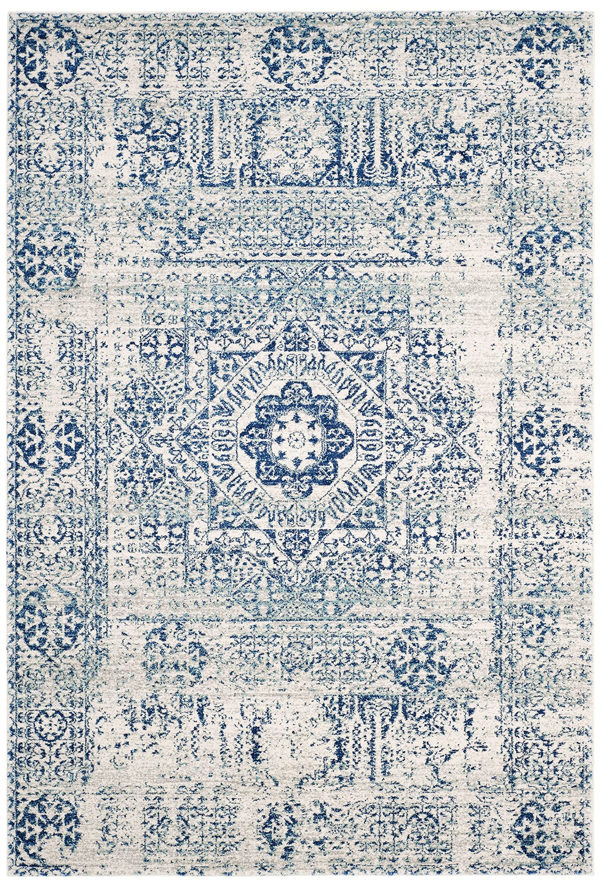 Evoke Collection 8' x 10' Ivory/Blue EVK260C Oriental Medallion Distressed Non-Shedding