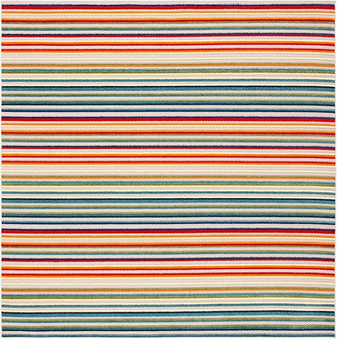 Cabana Collection Area Rug - 8' Square, Ivory & Green, Stripe Design