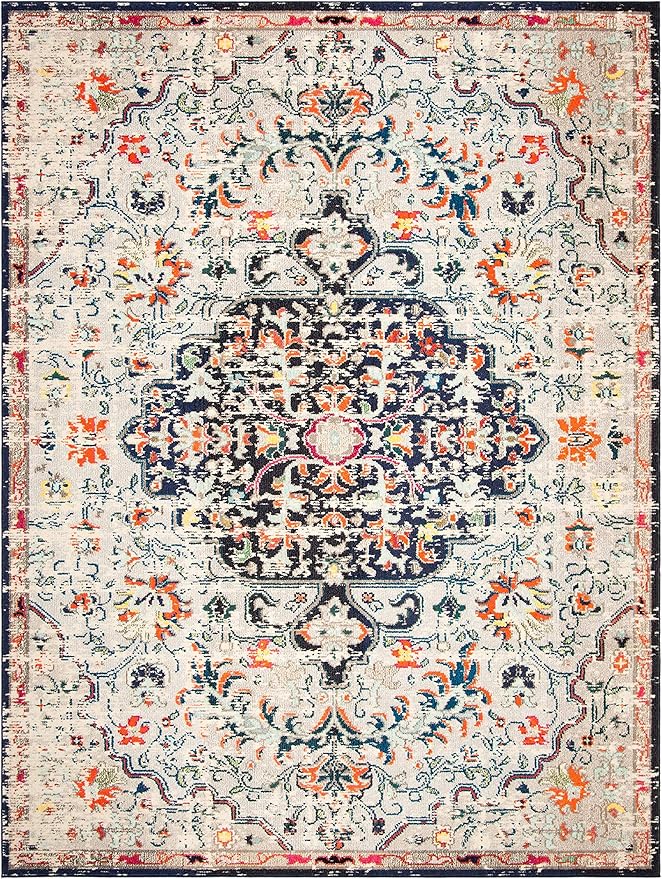Madison Collection Area Rug - 8' x 10', Black & Teal, Boho Chic Medallion Distressed Design